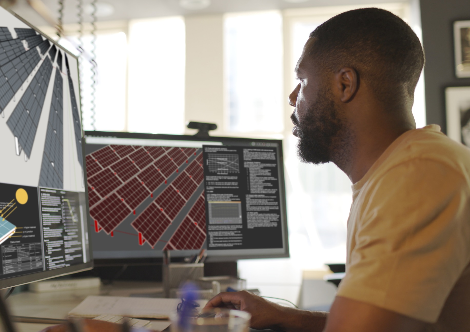 Man Looking At Computer With Solar Panels On Screen