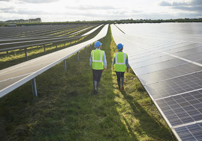 Two People Walking Through A Solar Panel Field